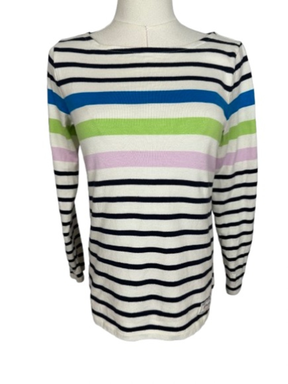 Talbots White Crewneck Sweater with Navy, Blue, Lime and Lavender Stripes